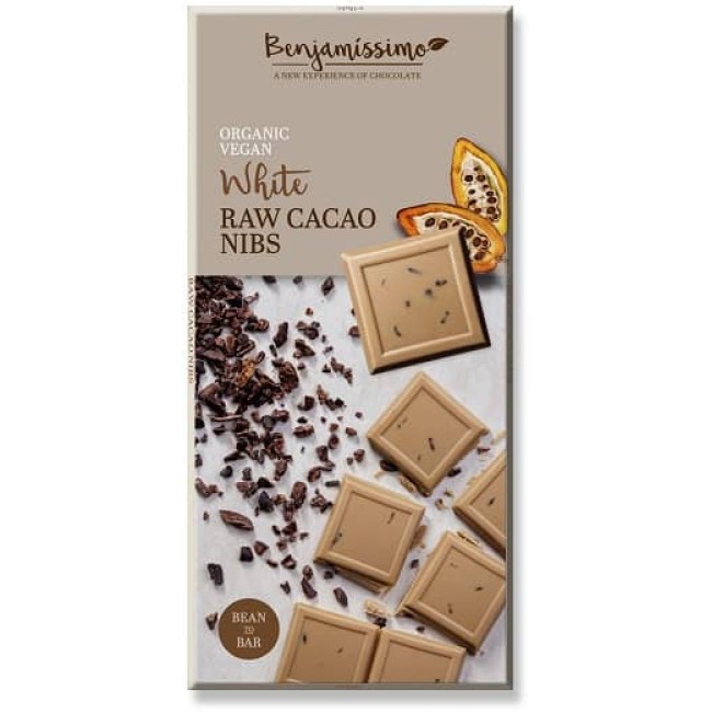 Ciocolata alba cu cacao nibs bio 70g Benjamissimo